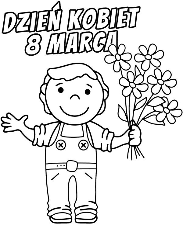 Kolorowanka online: Kolorowanka uśmiechnięty chłopiec z kwiatami na dzień kobiet